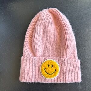Pink Beanie with Smiley Patch